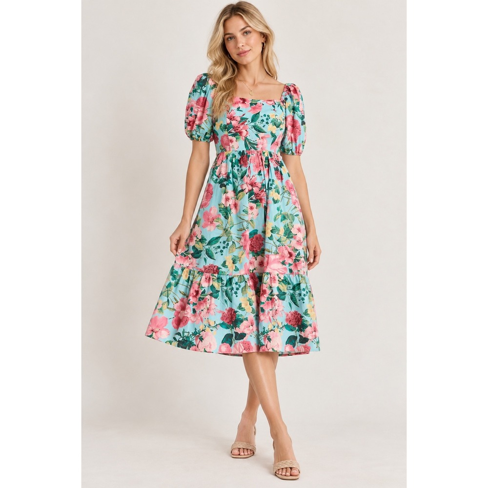Eliza J Feminine Floral Puff Sleeve Midi Dress 4 Cottage Retro Lightweight Pink